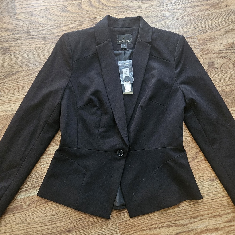 NEW Worthington Women 4 Black Business Career Blazer Jacket 1 Button Preppy Work